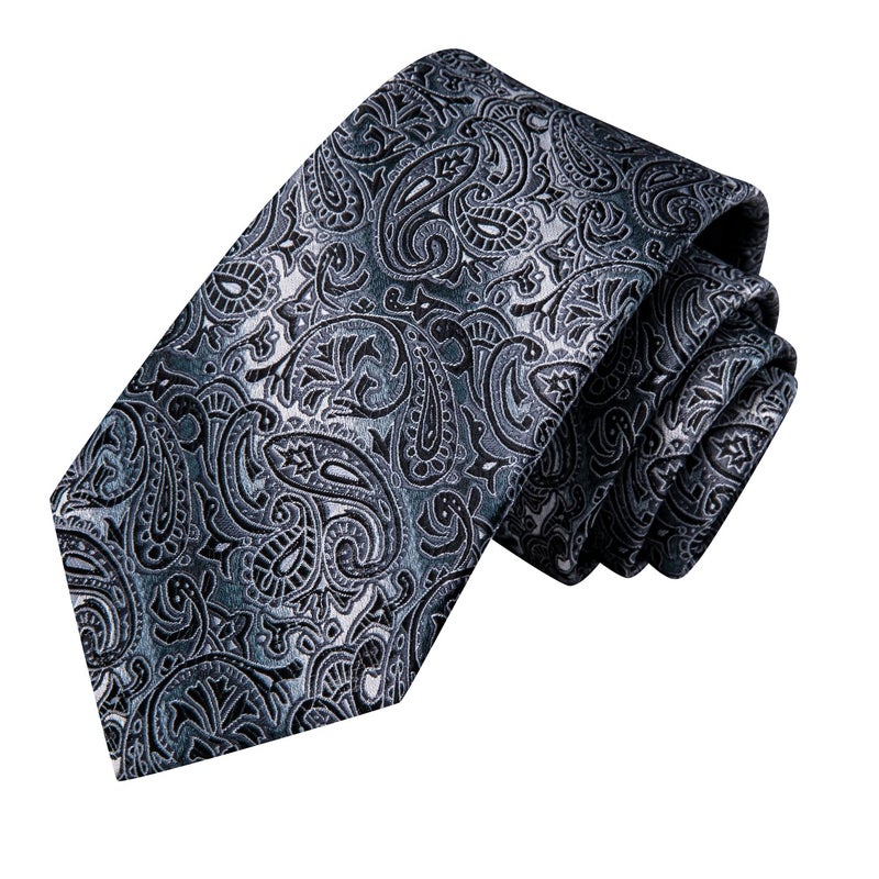 Hi-Tie Men 63inches Tie Set Extra Long Necktie Paisley Tie Pocket Suqare Cufflinks Big and Tall Men Tie,Black Grey - Image 4
